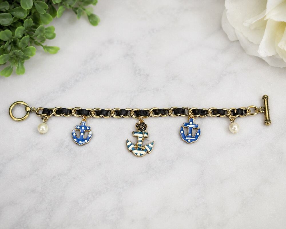 Nautical Charm Bracelet | Blue, White & Gold Tone | Toggle Clasp | New